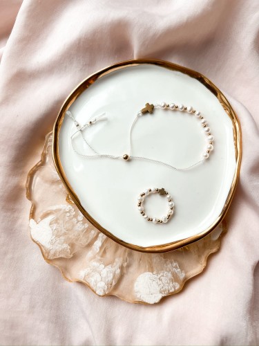 Różaniec bransoletka i pierścionek elastyczny obrączka na palec z pereł Helena